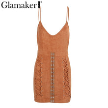 Glamaker Sexy lace up strap Sleeveless short dress women Deep v neck harness bodycon suede dress Fitness casual party dress