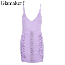 Glamaker Sexy lace up strap Sleeveless short dress women Deep v neck harness bodycon suede dress Fitness casual party dress