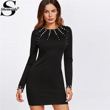 Sheinside 2018 Party Dress Black Pearl Beading Fitted Solid Bodycon Dress Women Round Neck Long Sleeve Elegant Short Dress