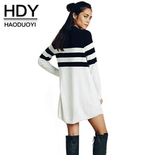 HDY Haoduoyi Autumn Winter Black Striped Mini O-Neck White Sweater Dress Women Long Sleeve Knitted Casual Loose Warm Dress Sale