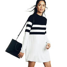 HDY Haoduoyi Autumn Winter Black Striped Mini O-Neck White Sweater Dress Women Long Sleeve Knitted Casual Loose Warm Dress Sale