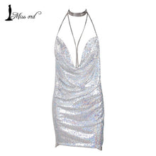 Missord 2018 Sexy sleeveless Deep-V halter split sequin dress  backless metal  Christmas  party dress FT4928