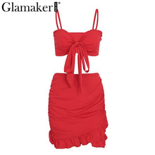 Glamaker Ruffle halter women dress vestidos Sexy v nerk party dress summer Bow tie bodycon mini dress female two piece dresses