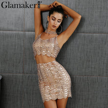Glamaker Sexy sequined two-piece suit short dress Women shiny v neck club casual dress Adjustable strap party vestidos