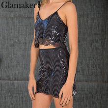 Glamaker Sexy sequined two-piece suit short dress Women shiny v neck club casual dress Adjustable strap party vestidos