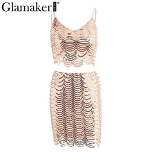 Glamaker Sexy sequined two-piece suit short dress Women shiny v neck club casual dress Adjustable strap party vestidos