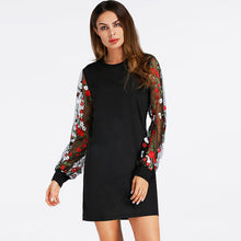 HDY Haoduoyi Women Dress Rose Floral Embroidery Mesh Sleeve Black Mini Dress Straight New 2018 Spring Casual Short Vestidos