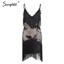Simplee Halter sequined black lace dress Women sexy v neck mini dress Fringe tassels bodycon dress christmas party vestidos
