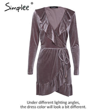 Simplee Ruffle vintage velvet dress women V neck short sexy dress Autumn winter long sleeve blue wrap dress vestido de festa