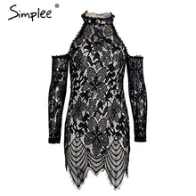 Simplee Halter cold shoulder black lace dress Women sexy slim bodycon dress vestidos Elegant fringed christmas party mini dress