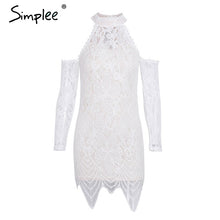 Simplee Halter cold shoulder black lace dress Women sexy slim bodycon dress vestidos Elegant fringed christmas party mini dress