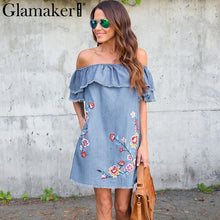Glamaker Off-shoulder ruffle women dress Elegant flower embroidery denim mini dress vestidos Casual sleeveless summer dress 2018