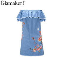 Glamaker Off-shoulder ruffle women dress Elegant flower embroidery denim mini dress vestidos Casual sleeveless summer dress 2018