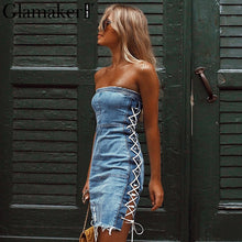 Glamaker Lace up strapless sexy denim dress Elegant short mini party dress Women blue jeans bodycon club summer dress vestidos