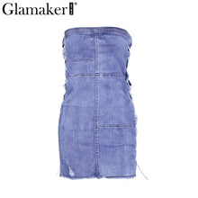 Glamaker Lace up strapless sexy denim dress Elegant short mini party dress Women blue jeans bodycon club summer dress vestidos