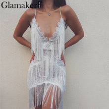 Glamaker Deep v neck tassels women dress Sexy skinny bodycon evening party lace dress Backless club fashion vestidos