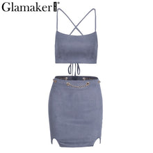 Glamaker Sexy lace up halter women dress Leather suede metal chain bodycon dress Female backless club party dresses vestidos