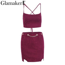 Glamaker Sexy lace up halter women dress Leather suede metal chain bodycon dress Female backless club party dresses vestidos
