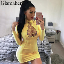 Glamaker Sexy lace up slim bodycon dress Women yellow long sleeve mini dress vestidos Autumn winter party hollow out club dress