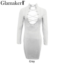 Glamaker Sexy lace up slim bodycon dress Women yellow long sleeve mini dress vestidos Autumn winter party hollow out club dress