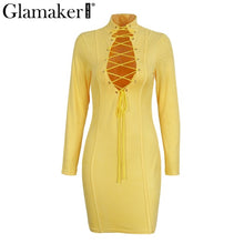 Glamaker Sexy lace up slim bodycon dress Women yellow long sleeve mini dress vestidos Autumn winter party hollow out club dress