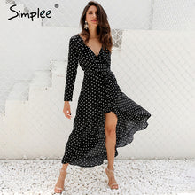 Simplee Autumn long sleeve polka dot ruffle wrap dress Women sexy v neck split maxi dress vestidos Summer beach black long dress