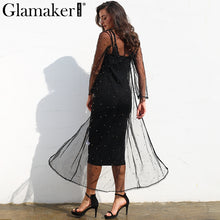 Glamaker Mesh inlay pearl two pieces dress Women elegant slim black bodycon summer dress Sexy party club femme dress vestidos