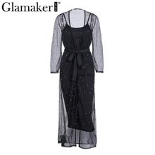 Glamaker Mesh inlay pearl two pieces dress Women elegant slim black bodycon summer dress Sexy party club femme dress vestidos