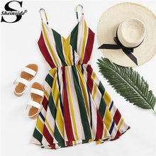 Sheinside Colorblock Striped A-Line Dress V-Neck Pleated leeveless Spaghetti Strap Cami Dress 2018 Summer Women Vacation Dress