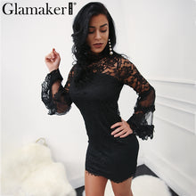 Glamaker Vintage mesh transpent lace dress Women trumpset sleeve mini dress Sexy split ruffle party christams dress vestidos
