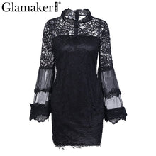 Glamaker Vintage mesh transpent lace dress Women trumpset sleeve mini dress Sexy split ruffle party christams dress vestidos