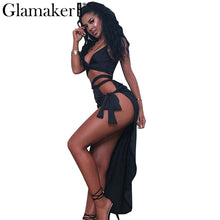 Glmaker Side split sexy two pieces dress Women v neck crop black sun dress Party club bow autumn female dress vestidos 2017