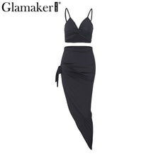 Glmaker Side split sexy two pieces dress Women v neck crop black sun dress Party club bow autumn female dress vestidos 2017