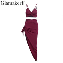 Glmaker Side split sexy two pieces dress Women v neck crop black sun dress Party club bow autumn female dress vestidos 2017