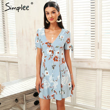Simplee V neck button summer dress women Tie up sleeve boho print casual dress 2018 Spring robe femme blue short dress female