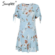 Simplee V neck button summer dress women Tie up sleeve boho print casual dress 2018 Spring robe femme blue short dress female