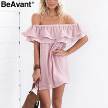BeAvant Off shoulder chiffon ruffle sexy dress Women casual summer beach short dress 2018 Soft loose pink mini dress vestidos