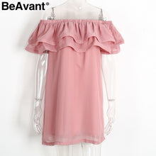 BeAvant Off shoulder chiffon ruffle sexy dress Women casual summer beach short dress 2018 Soft loose pink mini dress vestidos