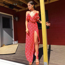 Simplee Sexy v neck ruffle split women dress Backless boho print spaghetti strap vestidos Sleeveless summer beach long dress