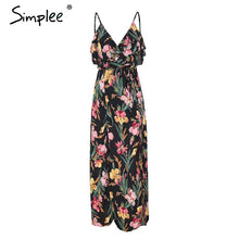 Simplee Sexy v neck ruffle split women dress Backless boho print spaghetti strap vestidos Sleeveless summer beach long dress