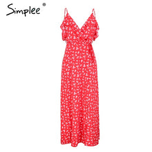 Simplee Sexy v neck ruffle split women dress Backless boho print spaghetti strap vestidos Sleeveless summer beach long dress