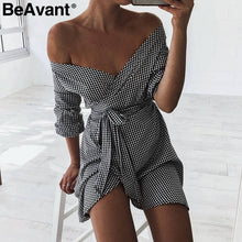 BeAvant Off shoulder stripe wrap sexy dress Women long lantern sleeve summer dress vestidos Elegant bow belt plaid short dress