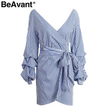 BeAvant Off shoulder stripe wrap sexy dress Women long lantern sleeve summer dress vestidos Elegant bow belt plaid short dress