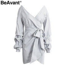 BeAvant Off shoulder stripe wrap sexy dress Women long lantern sleeve summer dress vestidos Elegant bow belt plaid short dress