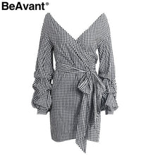 BeAvant Off shoulder stripe wrap sexy dress Women long lantern sleeve summer dress vestidos Elegant bow belt plaid short dress