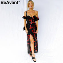 BeAvant Off shoulder chiffon summer dress Flower print long dress women casual 2018 Spring split maxi dress vestidos robe femme