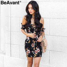 BeAvant Off shoulder print bodycon dress women Lace up summer style mini dress Streetwear skinny boho short dress vestidos 2018