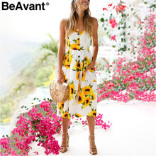 BeAvant Strap Sunflower print summer dress women Casual v neck backless party dress vestidos High wasit midi dress female 2018