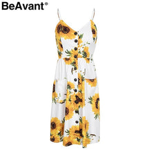 BeAvant Strap Sunflower print summer dress women Casual v neck backless party dress vestidos High wasit midi dress female 2018