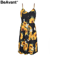 BeAvant Strap Sunflower print summer dress women Casual v neck backless party dress vestidos High wasit midi dress female 2018